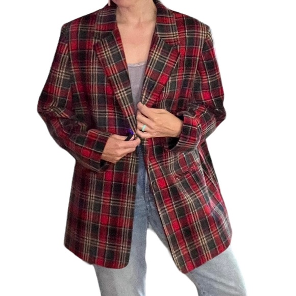 Vintage 90s wool blend single breasted plaid blazer red black tan lined 18 - Picture 3 of 11